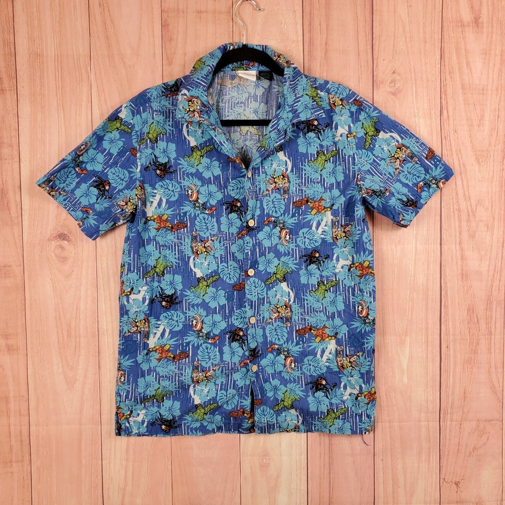 Marvel Mens Hawaiian‎ Button Up Shirt Sz Small All Over Print Superhero Camp